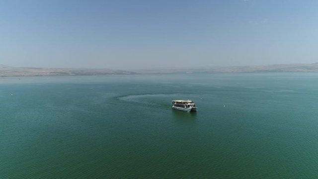 Aerial of a tourist boat on the Sea of Galilee