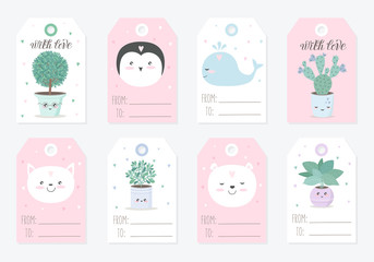 Vector collection of tags with cute objects
