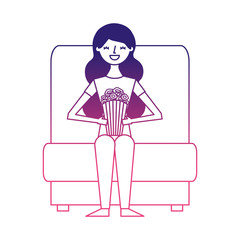 woman watching movie in cinema and eating snacks vector illustration design