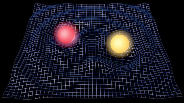 Gravitational waves. Two stars orbiting around their common barycenter , Kept apart 