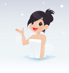 Illustration asian woman with onsen or hot spring on the snow background.