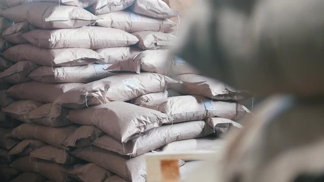 Bags in a large stock at the pasta factory - warehouse