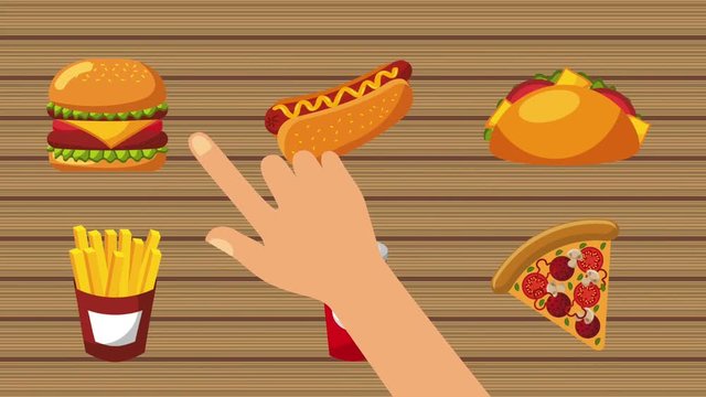 hand pressing hot dog burger taco french fries soda and pizza order food online concept