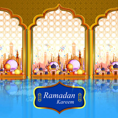 Islamic design mosque door and window for Ramadan Kareem Happy Eid celebration background