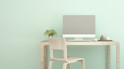 workplace and light green wall in apartment or home - Interior simple design for artwork - 3D Rendering
