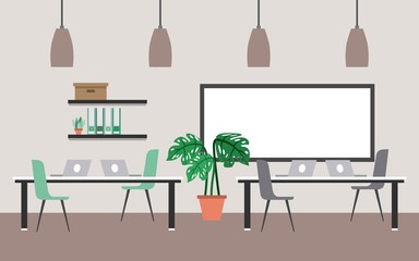workspace interior - relaxing room office tables chairs laptop board palm vector illustration