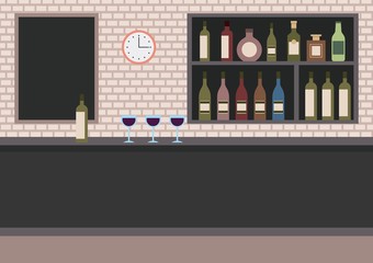 Fototapeta premium bar restaurant with counter wine cups and shelves with alcohol vector illustration