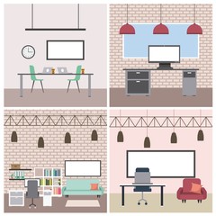 set interior workspaces office elements vector illustration