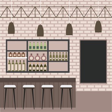 interior bar restaurant bar counter stool liquor drinks blackborad brick wall vector illustration