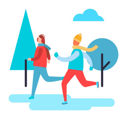 People Skiing in Winter Park Vector Illustration