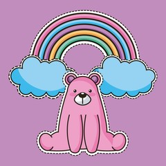 cool sticker pink bear sit and rainbow vector illustration