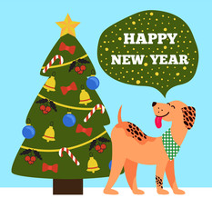 Happy New Year Banner of Beige Dog Showing Tongue