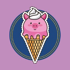cute ice cream piggy head shape round patch vector illustration