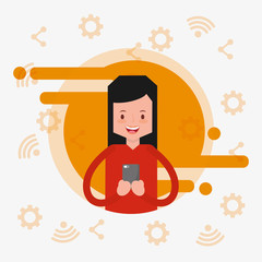 woman in banner color user smartphone social media web network communication vector illustration