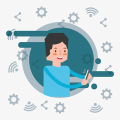 man in color label using smartphone social network media items vector illustration