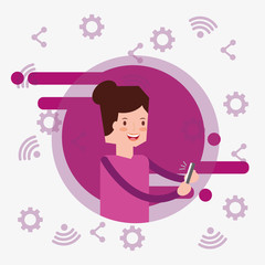 woman in banner color user smartphone social media web network communication vector illustration