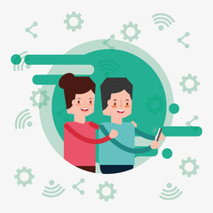 Obraz premium couple character taking selfie with smartphone portrait in color vector illustration