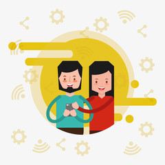 couple character taking selfie with smartphone portrait in color vector illustration