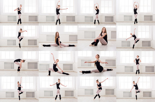 Collage of young woman practicing ballet