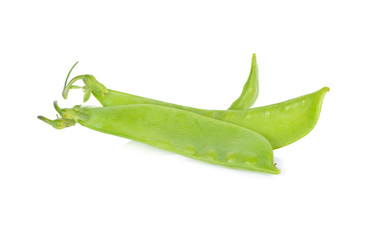 fresh green pea pod with stem on white background