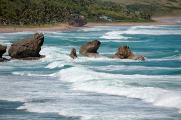 Waves breaking among large rocks in surf, Barbados, Lesser Antilles, Caribbean