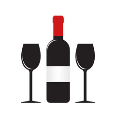 silhouette of wine bottle with label and two glasses on white, stock vector illustration