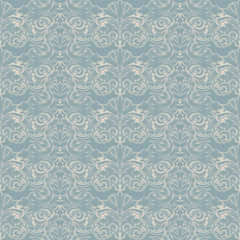 seamless Baroque pattern in light blue and white. Vintage, Rococo, damask patterns with leaves, floral elements.