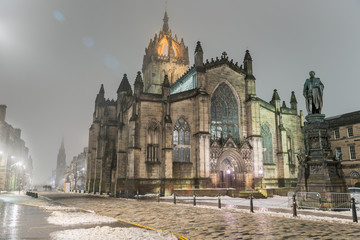 View of St. Giles' Cathedral in Edinburgh on a Foggy Winter Night