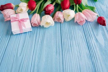 Wooden blue background and pink, red and white tulips with gift. Conception holiday, March 8, Mother's Day.
