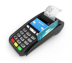 card payment terminal POS terminal with credit card and receipt isolated on white background 3d render