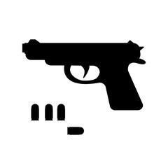 Black icon of firearms and bullets. Gan and ammo. A pistol weapon close-up. Gan and bullets isolated on white background. Vector illustration.