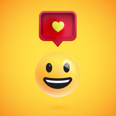 Funny 3D emoticon with 3D speech bubble and a heart, vector illustration