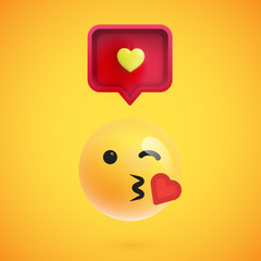 Funny 3D emoticon with 3D speech bubble and a heart, vector illustration