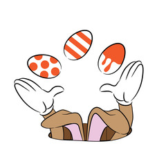 cartoon Easter bunny juggling eggs through a hole in the ground. EPS10 vector illustration.