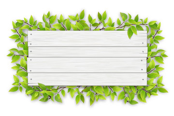 Empty white wooden sign with space for text on a background of tree branches with green leaves. The template for a banner or an advertisement for a seasonal discount.