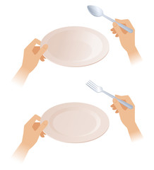 Flat isometric illustration of hands holding empty plates, spoon and fork. The clean ceramic bowl, porcelain saucer, silver cutlery. The ingestion, eating, lunch, dinner, food, utensil vector concept.