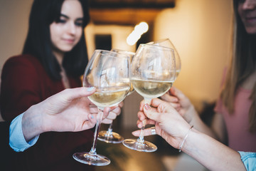 Group of happy friends making cheers with glasses of white wine, girlfriends celebrating and toasting at cozy home atmosphere, togetherness and traditional concept