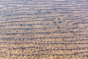 Closeup of shallow water in Saint Lawrence River in Quebec, Canada with clear, see-through waves and floor showing pattern and texture