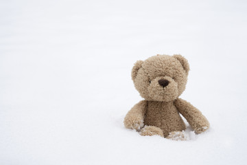 One Teddy bear sitting alone on snow during winter time, A cute brown bear seated in the snowon cold snow with blurry wooden wall, Kid soft toy lost in the park