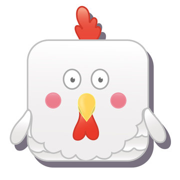 Cute square hen, chicken or cock. Vector illustration isolated on white background.