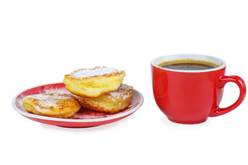 Cottage cheese pancakes and cup of coffee