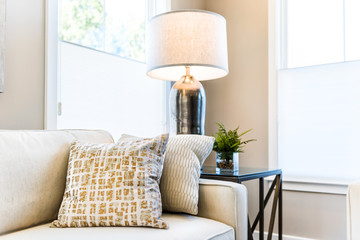 Closeup of two pillows on couch or sofa by bright window in modern apartment, house or home with staging of large beige, neutral white colors, lamp