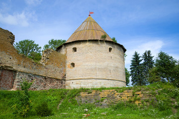 Fototapeta premium The Royal tower of the Oreshek Fortress close up on a sunny August day. Shlisselburg, Russia
