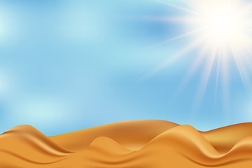 Deserd scene with send dunes, sunshine, blue sky. Vector illustration.