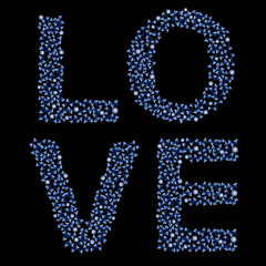 Colorful composition with LOVE inscription and abstract florals elements. Isolated on black background. Vector