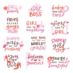 Wall murals Girls room Girls sign vector girlie lettering and beautiful female text or girlish fashion template print illustration set of girlhood or girly beauty typography isolated on white background