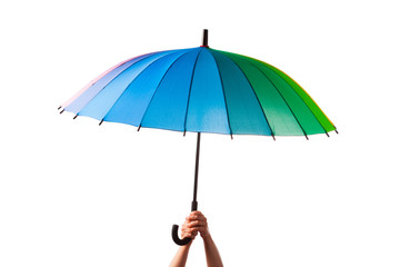 hand holding multicolored umbrella, isolated on white