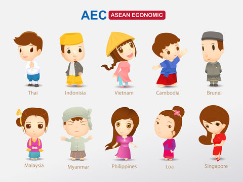 AEC (ASEAN Economic Community) cartoon concept. Southeast Asia People in Traditional Clothing man and woman,  eps10 vector. 