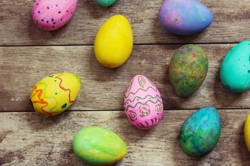 Colorful Handmade easter Eggs decorated by kids