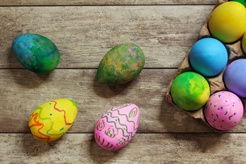 Colorful Handmade easter Eggs decorated by kids